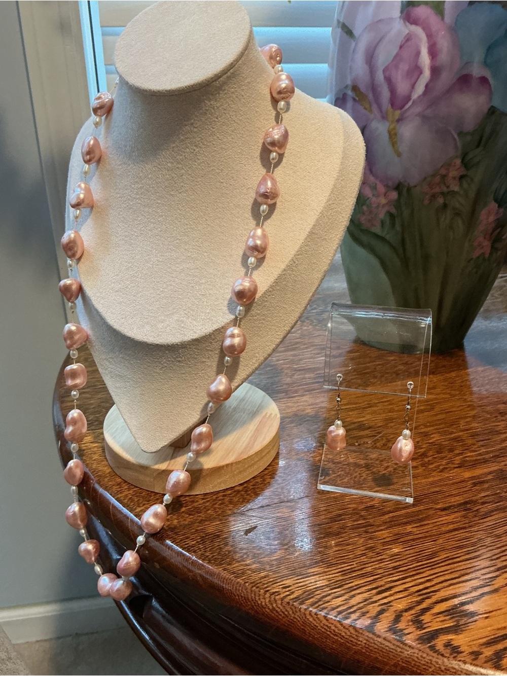 Baroque Pink and White Pearl Necklace and Earrings Set - Women Jewelry